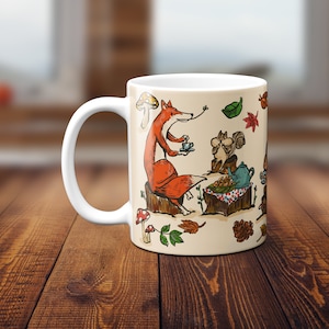 Woodland Tea Time 11oz Mug, Woodsy Animal Tea Party Mug, Fox Squirrel and Rabbit Illustrated Mug, Autumn Scene