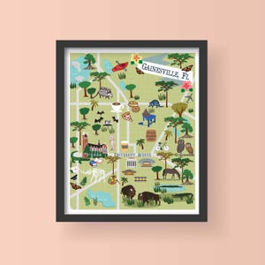 Gainesville FL kaart Art Print, geïllustreerde poster Florida City, Gainesville muurdecoratie