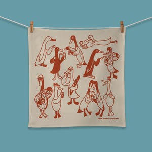 Coffee Break Ducks Tea Towel – A Whimsical Screen Printed Towel Featuring Stylish Ducks Sipping Drinks, Reading, and Hanging Out