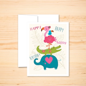 Tarjeta de cumpleaños de animales de Safari - tarjeta de cumpleaños de los niños - elefante, flamenco, tucán, tarjeta de felicitación ilustrada del pájaro
