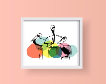 Impression d'art pélican, art mural pélican 8 x 10, illustration vintage inspirée de la Floride, oiseaux et couchers de soleil colorés, paysage de jetée aquatique idyllique