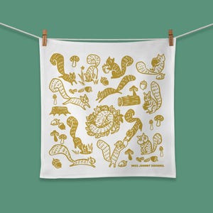 Screen Printed Tea Towel: Whimsical Squirrels, Acorns, Mushrooms