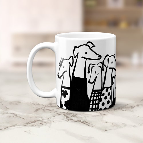 Tasse à café illustrée Greyhound, groupe d’amis élégant, art amoureux des chiens hipster à la mode