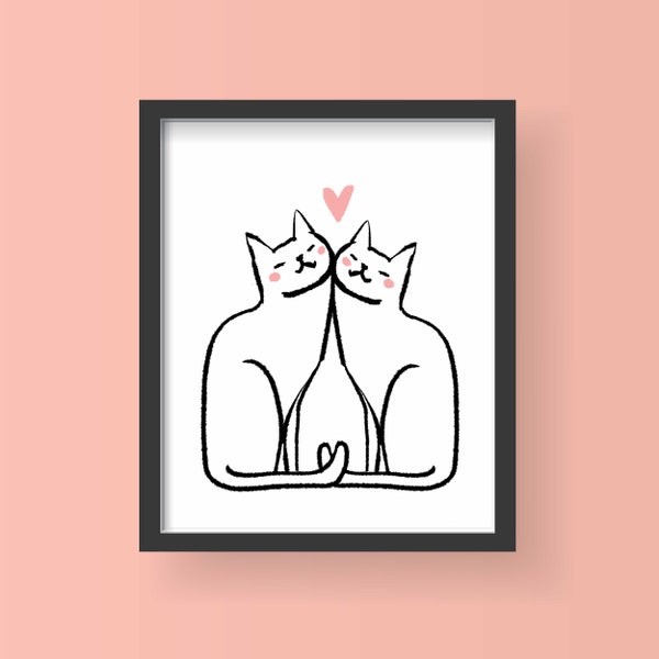 Cuddling Cats 8x10 Art Print, Cat Couple Artwork, Cuddly Kitty Wall Art, Two Cats Cheek to Cheek, Best Friend Cat Art, Home Decor