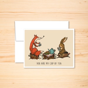 Tea Party uitnodiging, Geïllustreerde wenskaart, BFF Kaart, Woodland Animal Beste Vrienden Illustratie, Lege wenskaart,