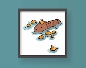 Capybara Art Print, Swimming with Oranges, Kids Room Decor
