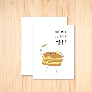 Tarjeta divertida de panqueques, tarjeta de amor, tarjeta del día de San Valentín, tarjeta divertida de comida, tarjeta de aniversario, tarjeta de te amo, tarjeta de desayuno, derrites mi corazón,