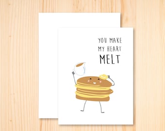 Tarjeta divertida de panqueques, tarjeta de amor, tarjeta del día de San Valentín, tarjeta divertida de comida, tarjeta de aniversario, tarjeta de te amo, tarjeta de desayuno, derrites mi corazón,