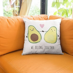 Avocado Couple Throw Pillow, Illustrated Spun Polyester Square Pillow, We Belong Together, Cute Lovey Avocados Holding Hands, Couch Accent image 2