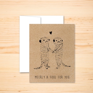 Meerkats In Love Tarjeta del Día de San Valentín, "Meerly" un tonto para ti, Juego de palabras de amor, Linda tarjeta de felicitación de animales, Tarjeta de aniversario de feliz pareja