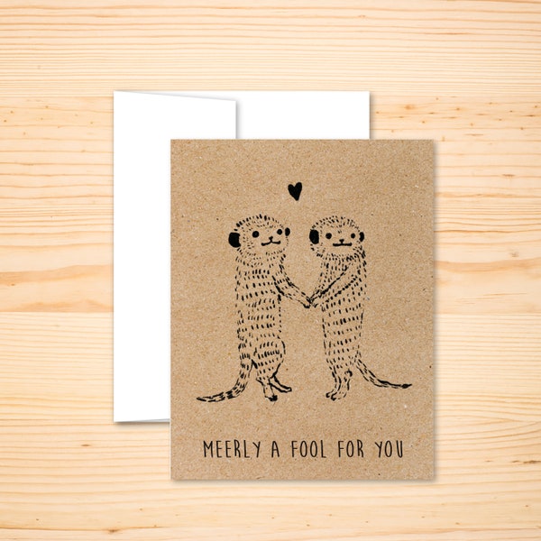 Meerkats In Love Valentine's Day Card, "Meerly" a Fool For You, Love Pun, Cute Animal Greeting Card, Happy Couple Anniversary Card