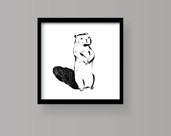 Prarie Dog Wall Art, Field Pup Illustration, Cute Animal Artwork, Groundhog & Shadow Black and White Print, Woodland Critter Square Artwork