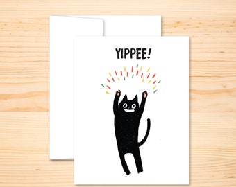 Funny Cat Card, Cheerful Yay Cat Card, Card for him, Card for her, Congratulations card, Celebration Birthday Cat, Yippee Happy Cat