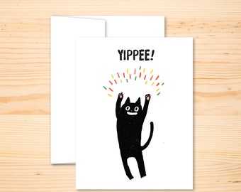 Tarjeta de gato divertida, tarjeta de gato alegre Yay, tarjeta para él, tarjeta para ella, tarjeta de felicitaciones, gato de celebración de cumpleaños, gato feliz Yippee