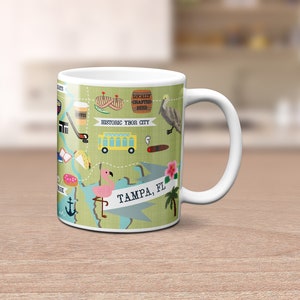 Tampa kaart mok 11oz, Tampa Florida kaart kunst, Tampa Bay Area kaart geïllustreerde mok, moderne kaart illustratie
