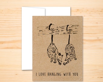 Opossum Card - Opossum Friendship Card, Possum Friends, Opossums High Five Card, Opossums Hanging From Tree Card