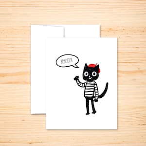 Sagen Sie Hallo Grußkarte, Katze mit Französisch Baskenmütze, denken Sie, halten Sie in Kontakt, Freundschaftskarte, Grußkarte, Wave Hallo, Bonjour