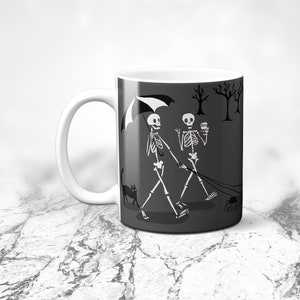 Skeletons with Umbrella Coffee Mug 11oz, Halloween Kitchen Decor, Spooky Party Gift, A Walk in the Park, Haunted Scenery Illustrated Mug