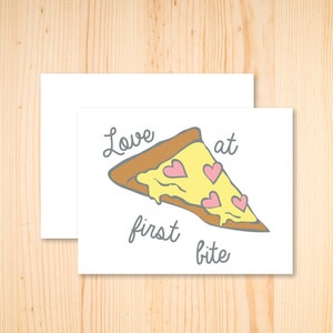 Cartão de amor de pizza - cartão de dia dos namorados de pizza fofo, cartão de comida engraçado, cartão romântico de amor à primeira mordida, saudação de trocadilho de comida