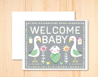 Skandinavische Storch-Babypartykarte, geschlechtsneutrale Willkommenskarte für das Baby