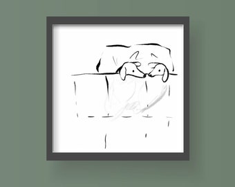 Snuggle Pups Artwork, Two Dogs Cozying Up in Bed Illustration, Best Friends Huddled Under the Covers Wall Art