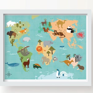 Weltkarte der Tiere - Wandkunst für Baby Kinderzimmer Kinder Schlafzimmer Dekoration