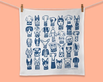 Assorted Dogs Tea Towel, Illustrated Towel, Kitchen Decor, Screen Printed Organic Flour Sack 20" X 20", Fun Dog Lovers Gift