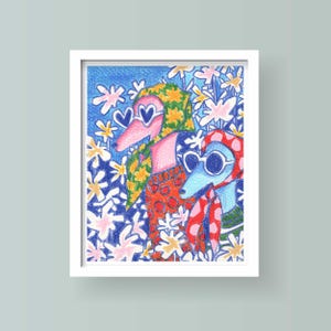 May include: A framed art print depicting two dogs amidst flowers. One dog sports heart-shaped sunglasses and a patterned scarf, the other round sunglasses and a patterned scarf. The dogs are wearing colourful sweaters.
