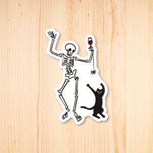 Dancing Skeleton and Cat Sticker, Spooky Halloween Sticker, Laptop Sticker, Bike Sticker, Water Bottle Sticker, Waterproof Sticker