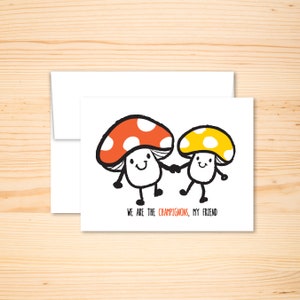 Best Friends Grußkarte, Pilze haltende Hände, BFF Karte, We Are the Champions, Polkadot Cap Smiling Mushrooms Illustration