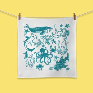 Turquoise Ocean Wonders Tea Towel, Sea Creatures Tea Towel, Illustrated Kitchen Decor, Hand Screen Printed Illustrated Tea Towel