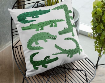 Illustrated Gator Pillow, Green Alligator Accent Cushion