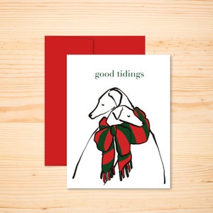 Boas notícias, galgos de férias, cães carinhosos abraçando em lenços, cartão de Natal, Whippets em lenço vermelho e verde, animal sentimental de Natal