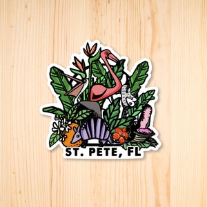 Adesivo St Pete Florida Tropical Crew, Saint Petersburg FL, Piante e animali della Florida, Adesivo grande impermeabile, Fenicottero, Armadillo, Alligatore