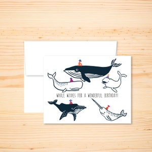 Tarjeta de cumpleaños de ballena, saludo de cumpleaños con tema acuático, tarjeta ilustrada con marsopa, narval y animal marino, juego de palabras con deseos de ballena, feliz cumpleaños