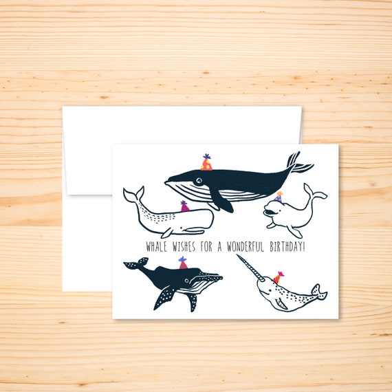 Whale Birthday Card, Aquatic Theme Birthday Greeting, Porpoise Narwhal and Sea Animal Illustrated Card, Whale Wishes Pun, Happy Birthday