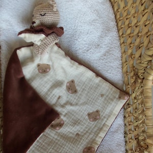 Teddy Bear blanket for baby (crochet blanket, double gauze, brown short fur) handmade, customizable