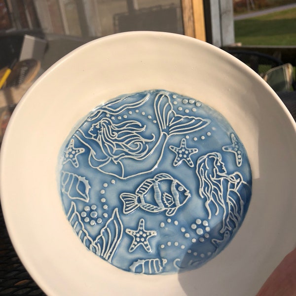 Handmade pottery Mermaids Under the Sea medium bowl