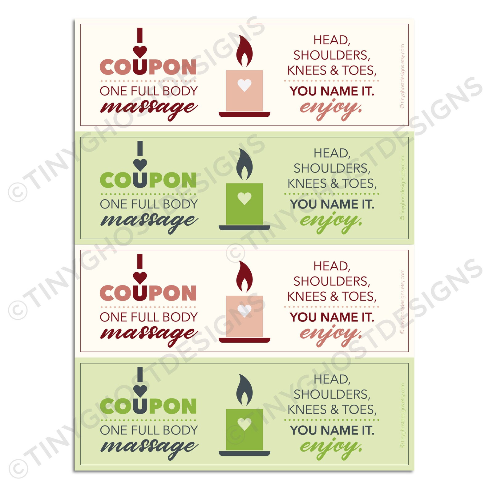 Massage Coupons Printable Sheet of 4 Head Shoulders Knees Toes - Etsy