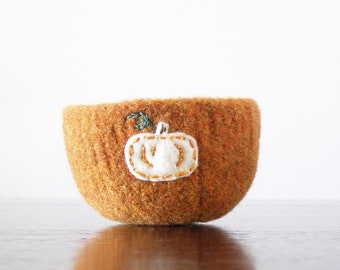 from the pumpkin patch - orange felted wool bowl with eco felt white pumpkin - kitchen decor, ring dish, minimalist, centerpiece