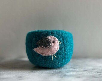 felt wool bowl - bright turquoise bowl with purple bird - nature inspired - catch all - container - felted wool bowl by the Felterie