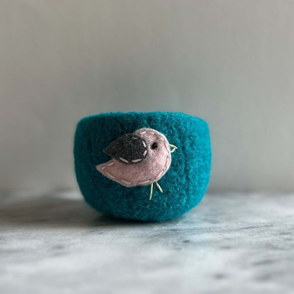 felt wool bowl - bright turquoise bowl with purple bird - nature inspired - catch all - container - felted wool bowl by the Felterie