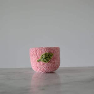 Air Plant Planter Pale Pink Felted Bowl with Sage Green Leaf Ring Bowl Catch All Plant Pot Gifts for Gardeners image 2