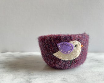 felt wool bowl - heathered ourple bowl with white and purple bird - nature inspired - catch all  - felted wool bowl by the Felterie