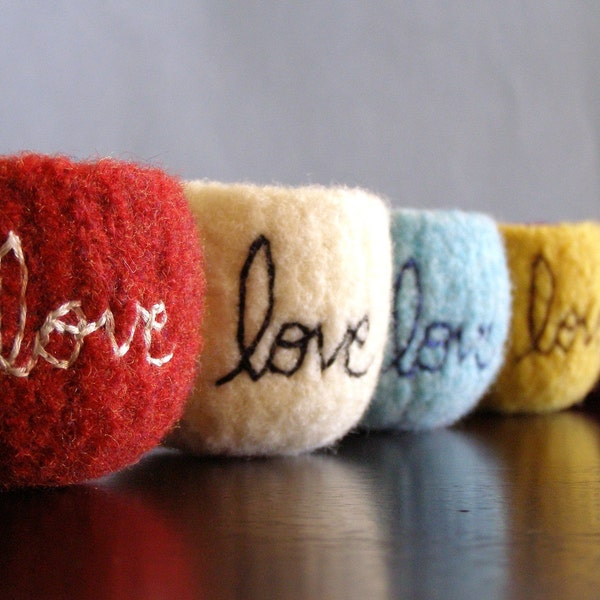 choose your colors - custom tiny felted wool bowl with love embroidered in cotton