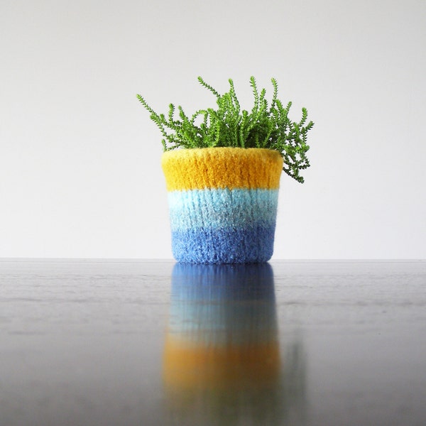 planter - felted wool planter with waterproof lining - summer tabletop decor - shades of yellow and blue - ombre