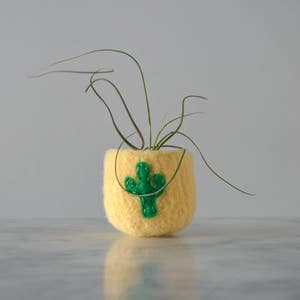 Doniczka Air Plant - Słoneczna żółta wełniana filcowa miska z jasnozielonym kaktusem Saguaro - Miska pierścieniowa - Złap wszystko - Doniczka - Prezenty dla ogrodników