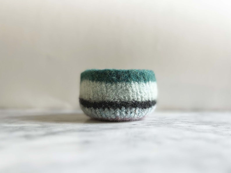 felted wool planter with stripes of blue and grey handmade by the Felterie ready to ship image 1