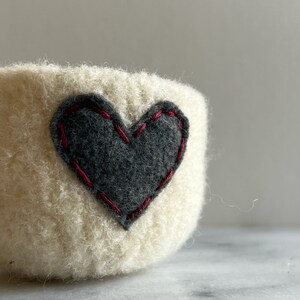 felted wool bowl off white wool with dark grey eco felt heart ring holder, wool anniversary ring bowl Valentine's day gift image 1