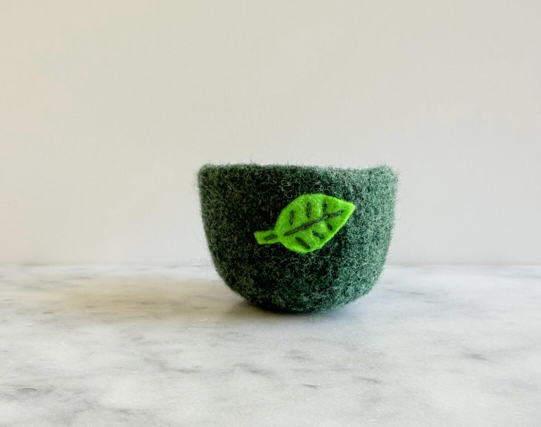 Wool Container Small Soft Wool Container - Dark Green Wool Felted Bowl With Bright ...